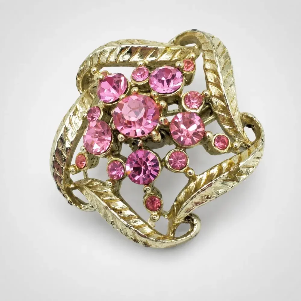 Pink Rhinestone Brooch‎ Pin Leafs 1.25